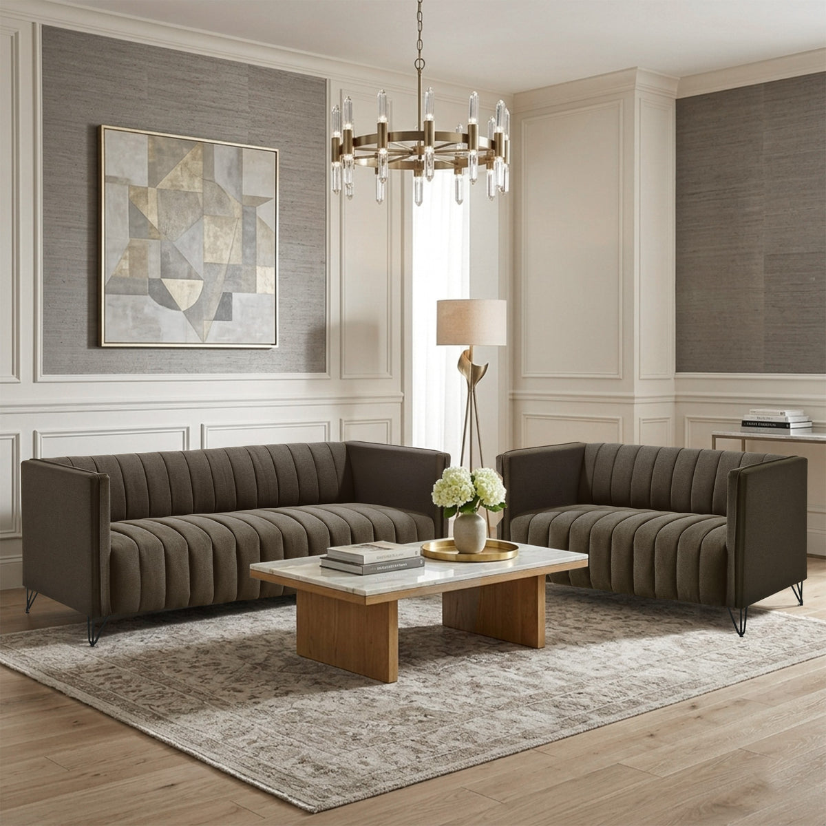 Home Design Kurtis 2-Piece Living Room Set with Square Arm Loveseat and Sofa, Channel-Tufted Upholstery