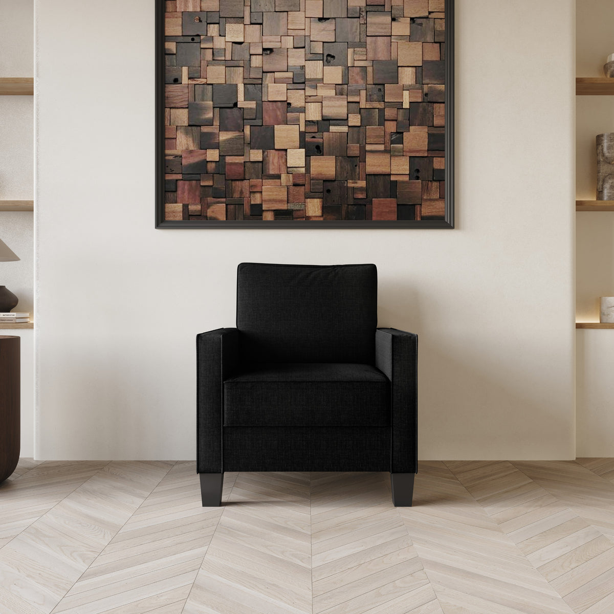 Home Design Marcia 3-Piece Square Arm Living Room Furniture Set with Armchair, Loveseat and Sofa, Black