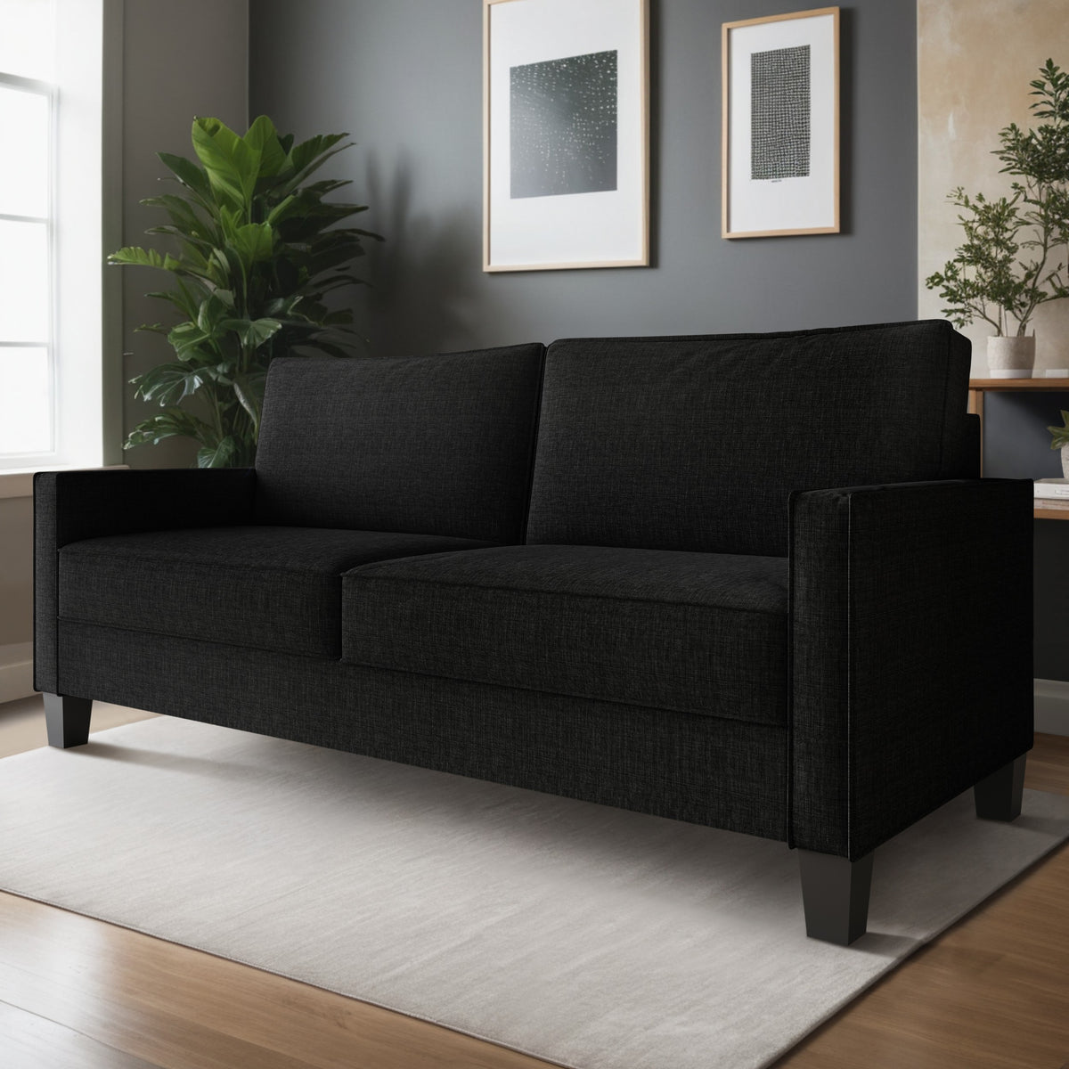Home Design Marcia 2-Piece Square Arm Living Room Set with Loveseat and Sofa, Modern Upholstery and Black Legs