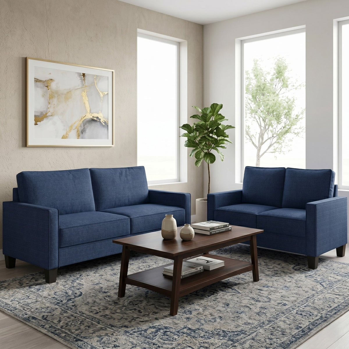 Home Design Marcia 2-Piece Square Arm Living Room Set with Loveseat and Sofa, Modern Upholstery and Black Legs