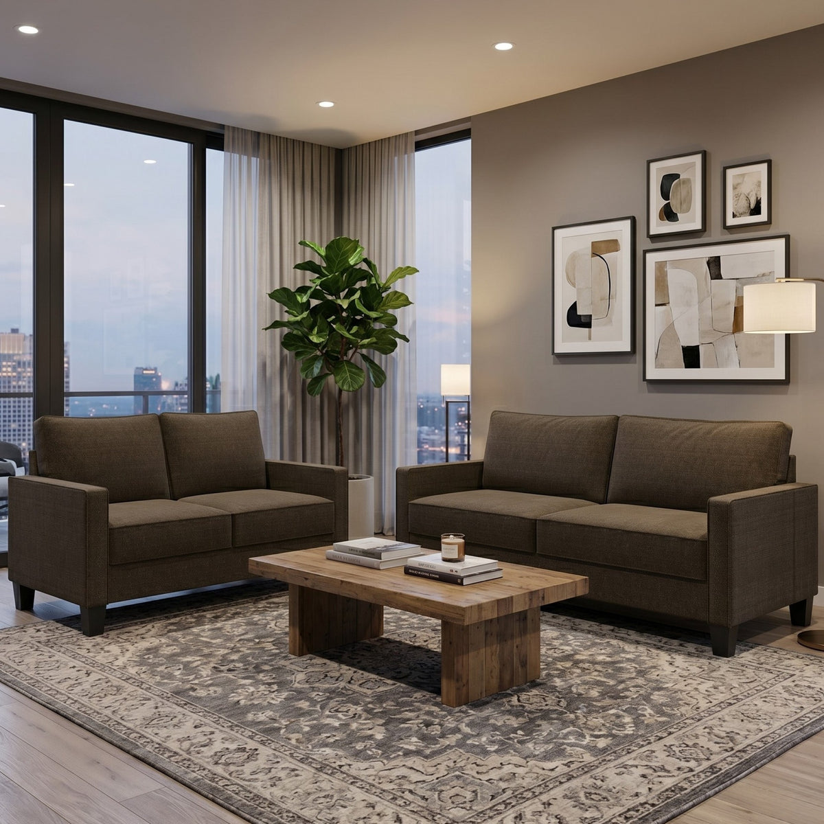 Home Design Marcia 2-Piece Square Arm Living Room Set with Loveseat and Sofa, Modern Upholstery and Black Legs