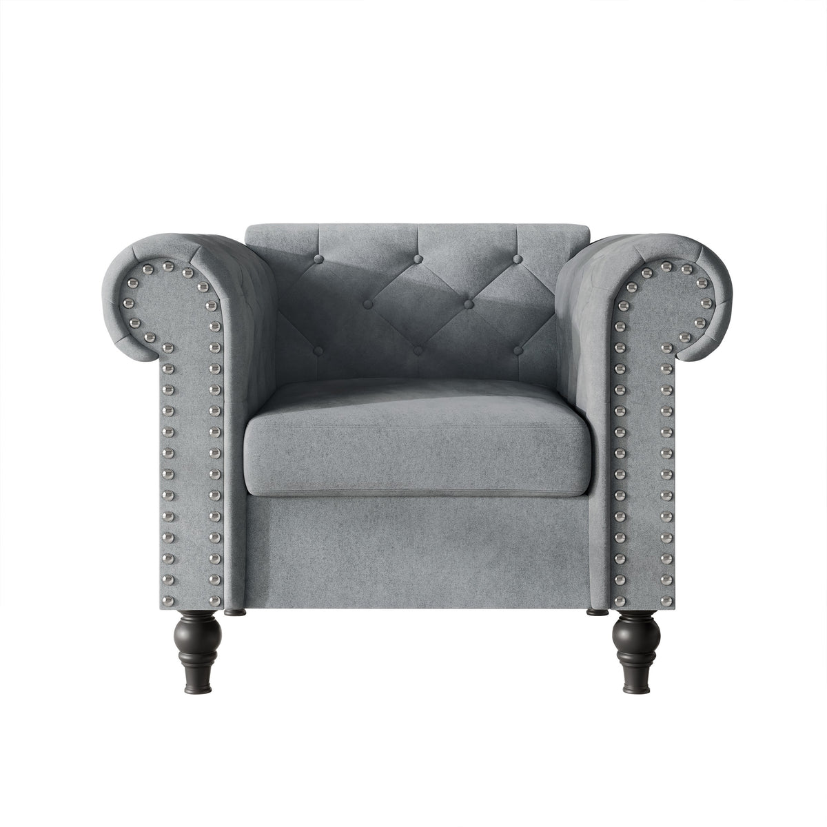 Home Design Kelso Velvet Rolled Arm Chair with Deep Button Tufting, Nailhead Trim and Turned Legs