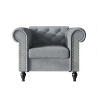 Home Design Kelso 3-Piece Velvet Living Room Set With Rolled Arm Chair, Loveseat and Sofa, Deep Button Tufting and Turned Legs