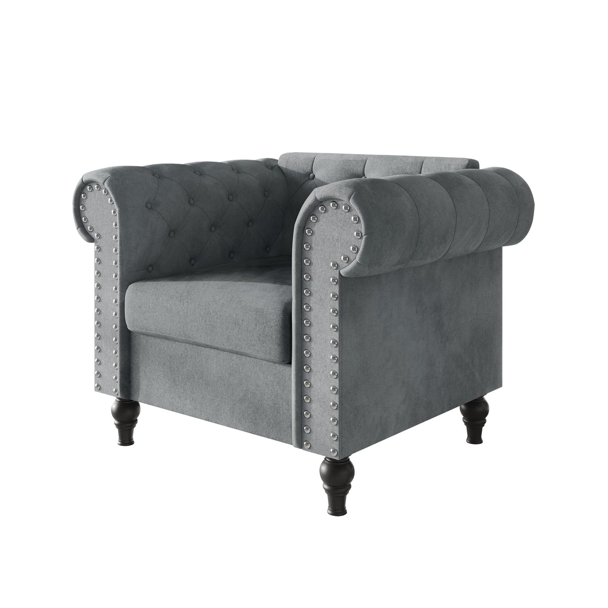 Home Design Kelso Velvet Rolled Arm Chair with Deep Button Tufting, Nailhead Trim and Turned Legs