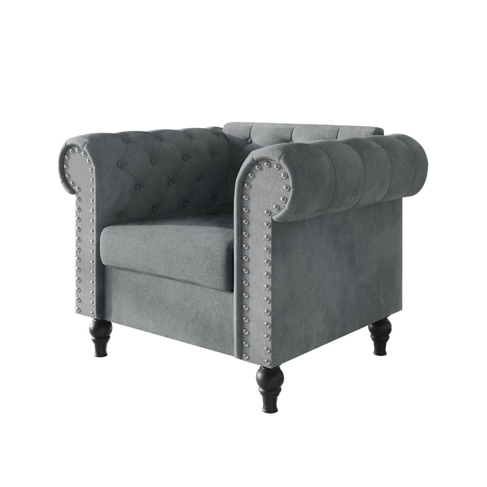 Kelso Velvet Rolled Arm Chair with Deep Button Tufting, Nailhead Trim and Turned Legs