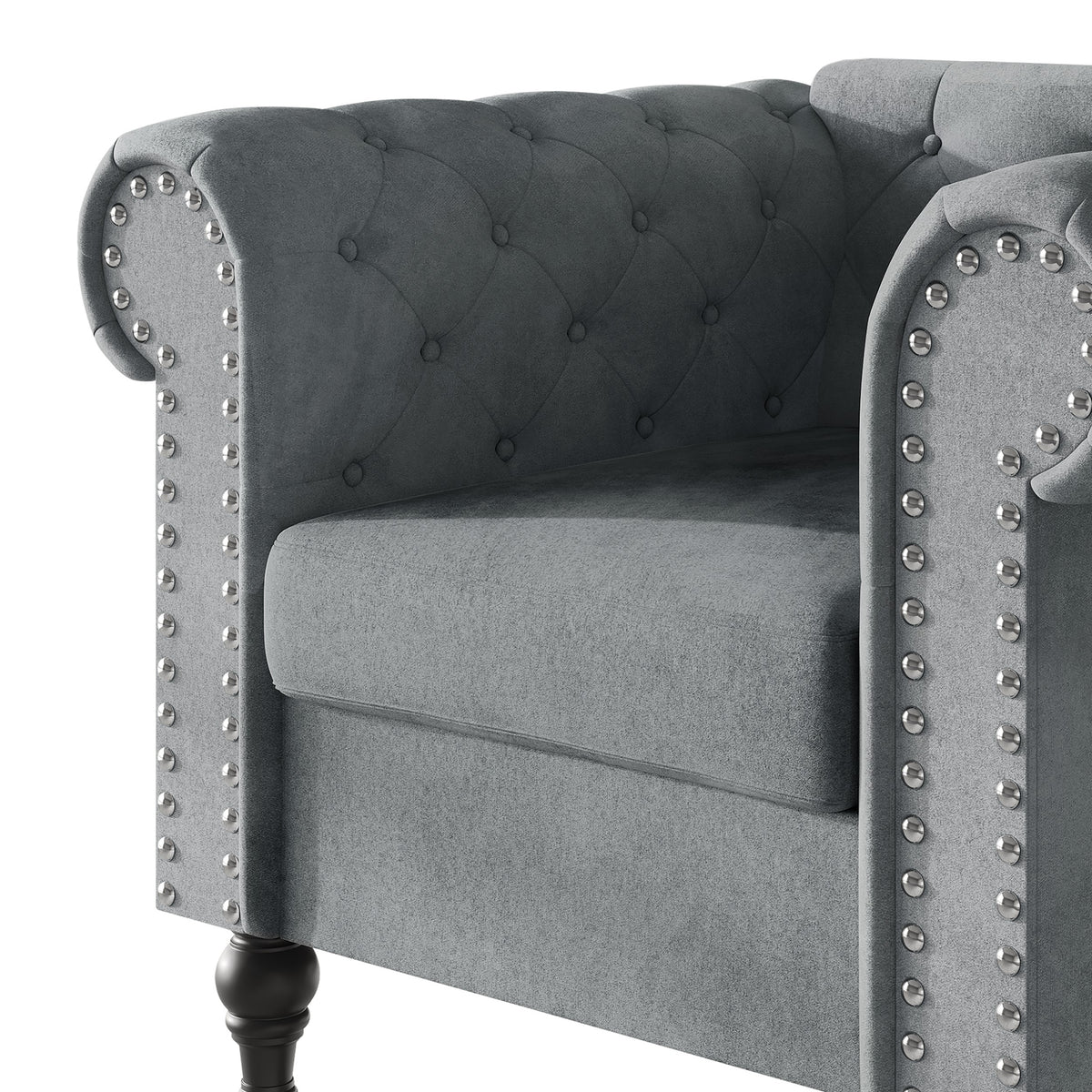 Home Design Kelso Velvet Rolled Arm Chair with Deep Button Tufting, Nailhead Trim and Turned Legs