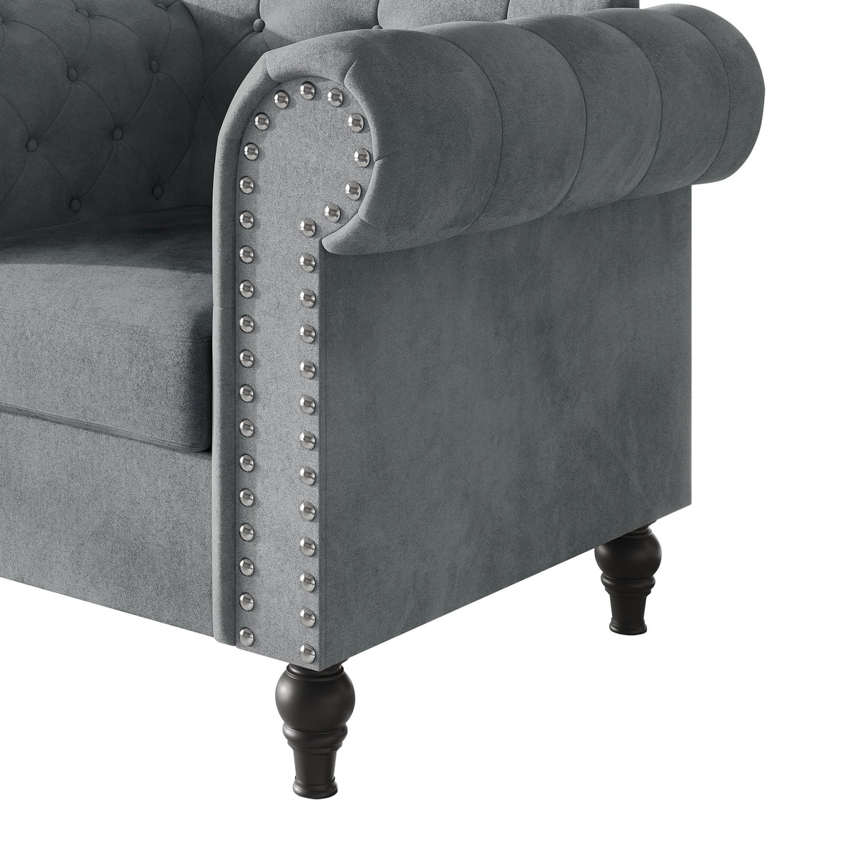 Home Design Kelso Velvet Rolled Arm Chair with Deep Button Tufting, Nailhead Trim and Turned Legs
