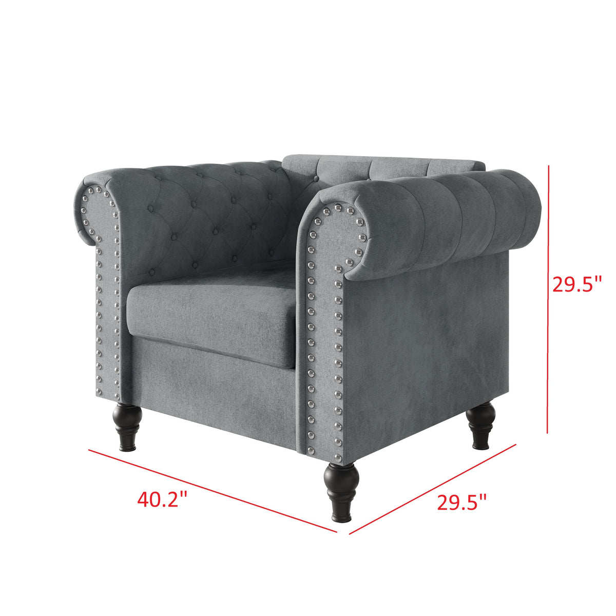 Home Design Kelso Velvet Rolled Arm Chair with Deep Button Tufting, Nailhead Trim and Turned Legs