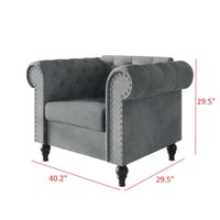 Home Design Kelso 3-Piece Velvet Living Room Set With Rolled Arm Chair, Loveseat and Sofa, Deep Button Tufting and Turned Legs