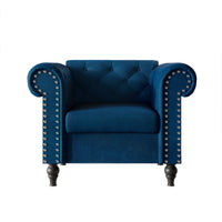 Home Design Kelso Velvet Rolled Arm Chair with Deep Button Tufting, Nailhead Trim and Turned Legs