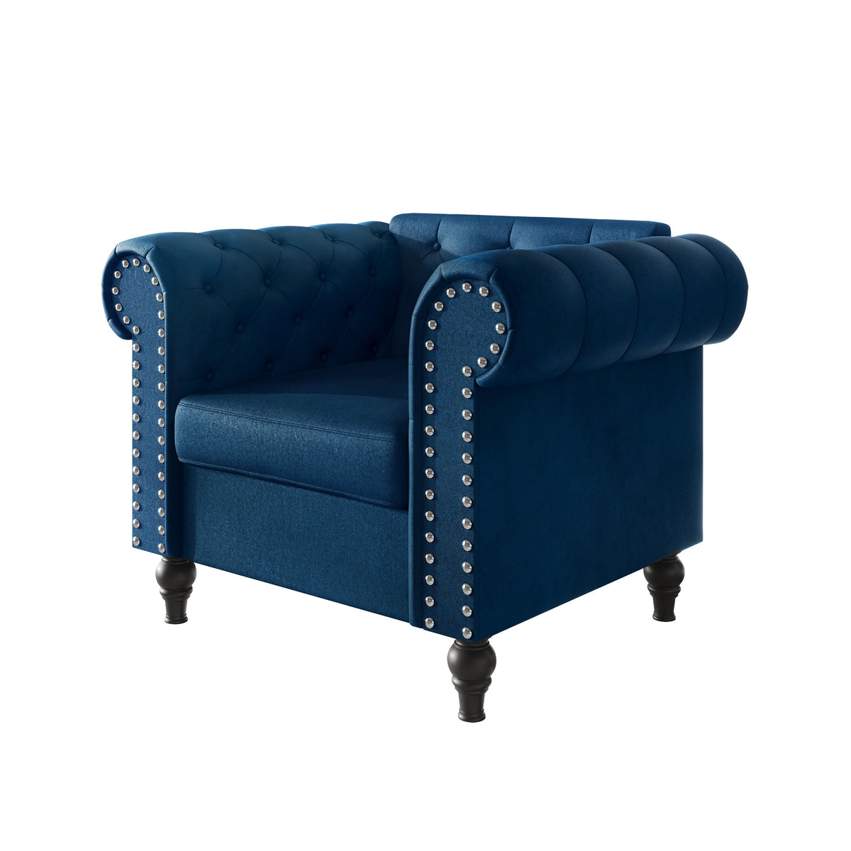 Home Design Kelso 3-Piece Velvet Living Room Set With Rolled Arm Chair, Loveseat and Sofa, Deep Button Tufting and Turned Legs