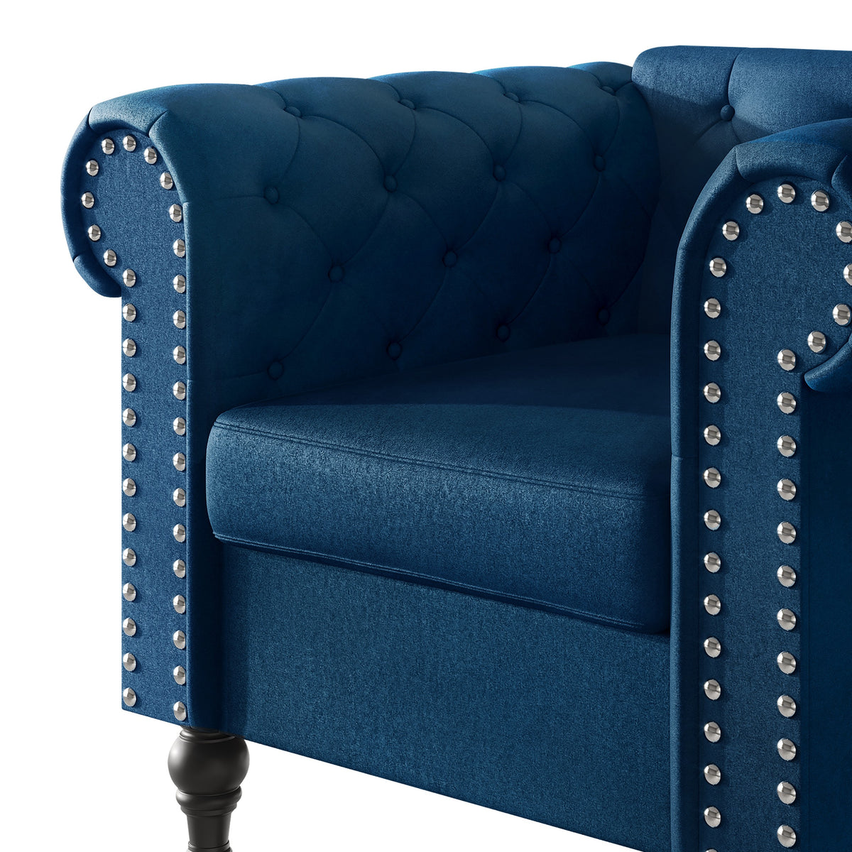 Home Design Kelso Velvet Rolled Arm Chair with Deep Button Tufting, Nailhead Trim and Turned Legs