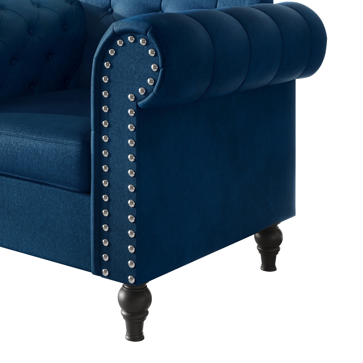 Home Design Kelso Velvet Rolled Arm Chair with Deep Button Tufting, Nailhead Trim and Turned Legs