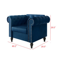 Home Design Kelso 3-Piece Velvet Living Room Set With Rolled Arm Chair, Loveseat and Sofa, Deep Button Tufting and Turned Legs