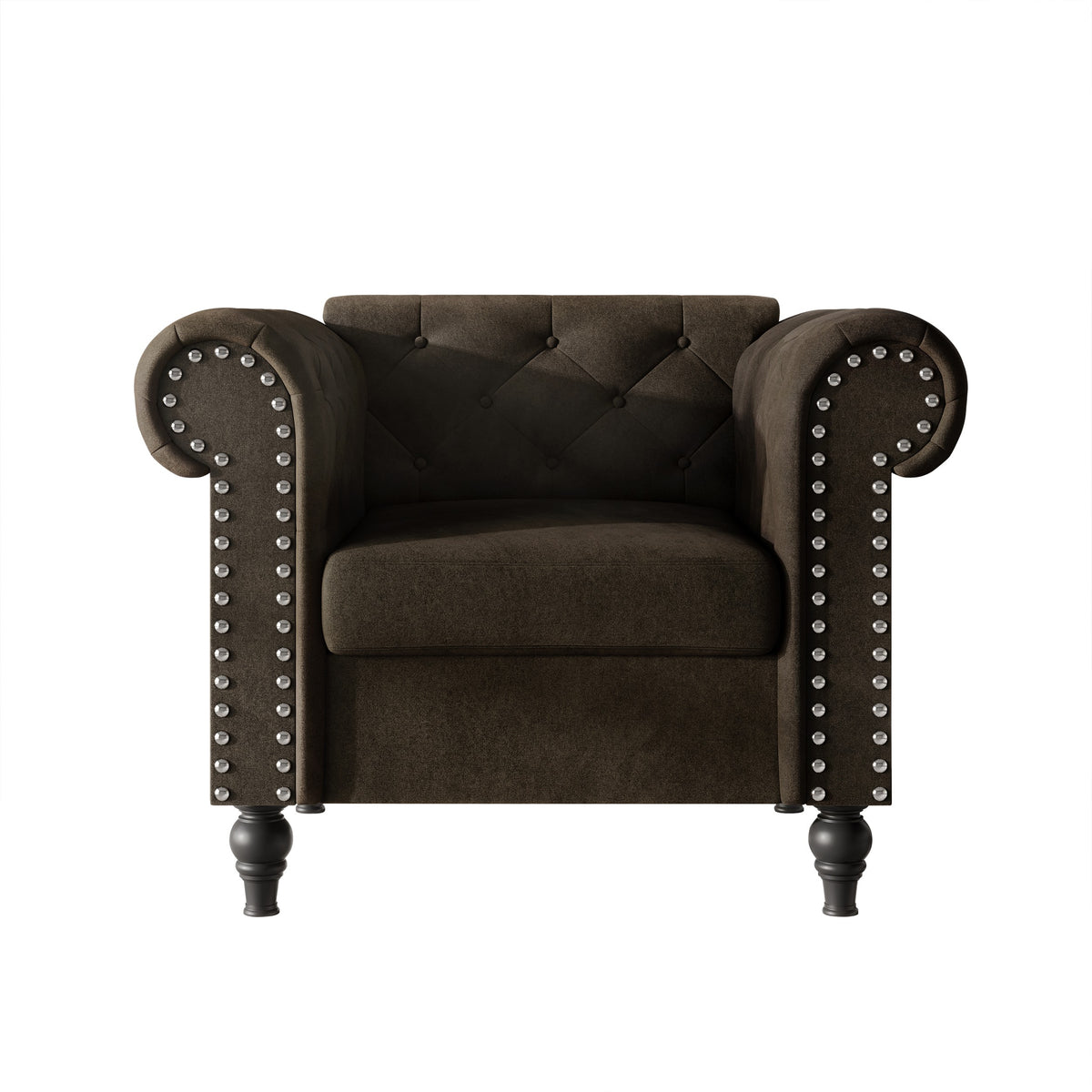 Home Design Kelso Velvet Rolled Arm Chair with Deep Button Tufting, Nailhead Trim and Turned Legs