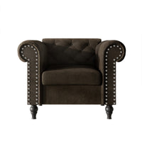 Home Design Kelso 3-Piece Velvet Living Room Set With Rolled Arm Chair, Loveseat and Sofa, Deep Button Tufting and Turned Legs