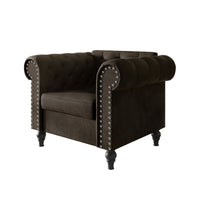 Home Design Kelso Velvet Rolled Arm Chair with Deep Button Tufting, Nailhead Trim and Turned Legs