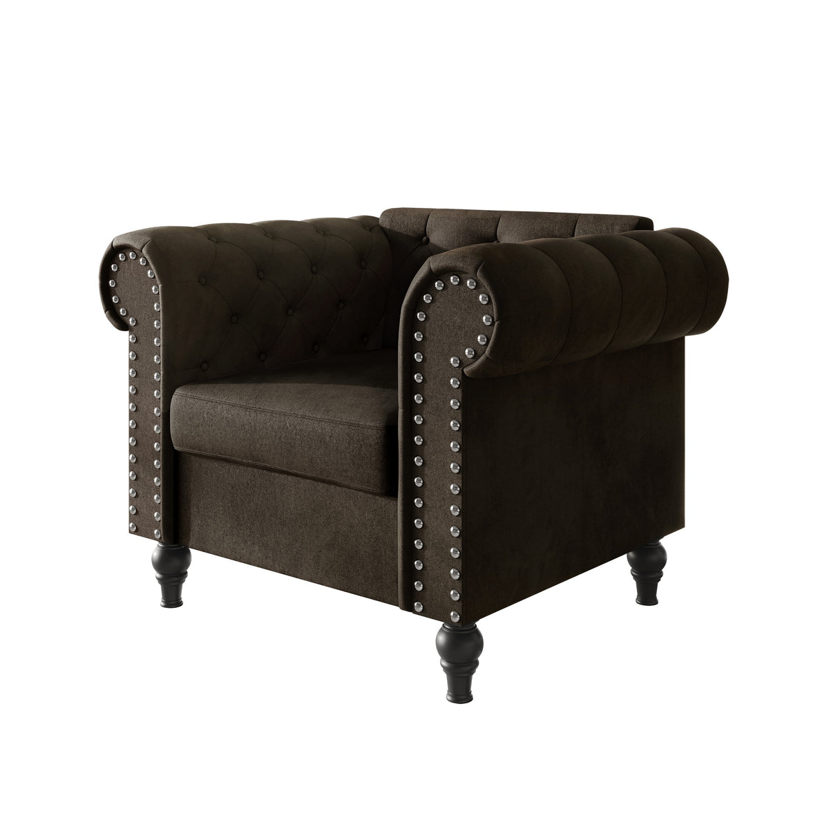 Home Design Kelso 3-Piece Velvet Living Room Set With Rolled Arm Chair, Loveseat and Sofa, Deep Button Tufting and Turned Legs