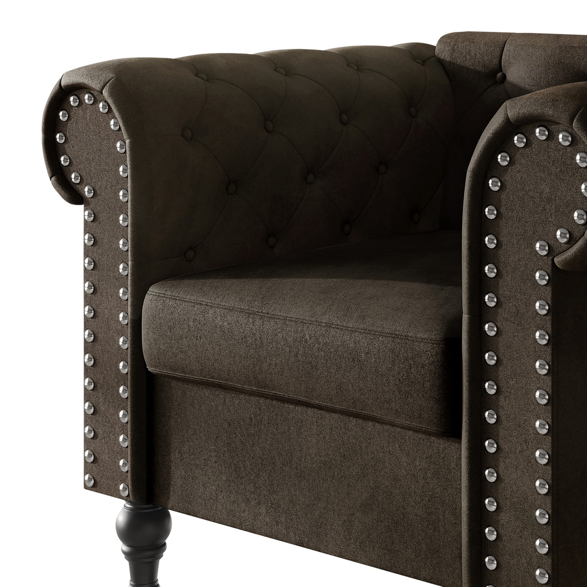 Home Design Kelso Velvet Rolled Arm Chair with Deep Button Tufting, Nailhead Trim and Turned Legs