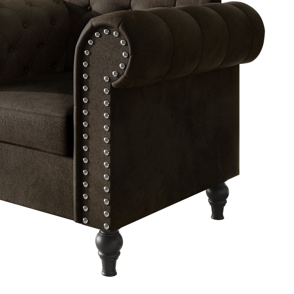 Home Design Kelso Velvet Rolled Arm Chair with Deep Button Tufting, Nailhead Trim and Turned Legs