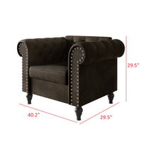 Home Design Kelso Velvet Rolled Arm Chair with Deep Button Tufting, Nailhead Trim and Turned Legs