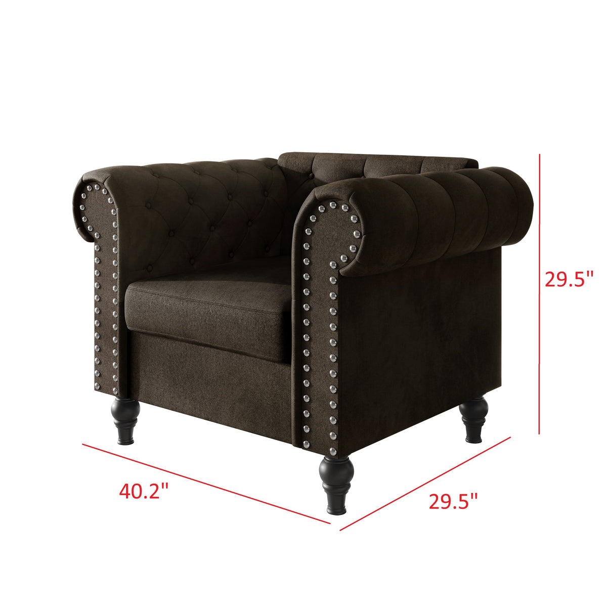 Home Design Kelso 3-Piece Velvet Living Room Set With Rolled Arm Chair, Loveseat and Sofa, Deep Button Tufting and Turned Legs
