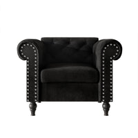 Home Design Kelso Velvet Rolled Arm Chair with Deep Button Tufting, Nailhead Trim and Turned Legs