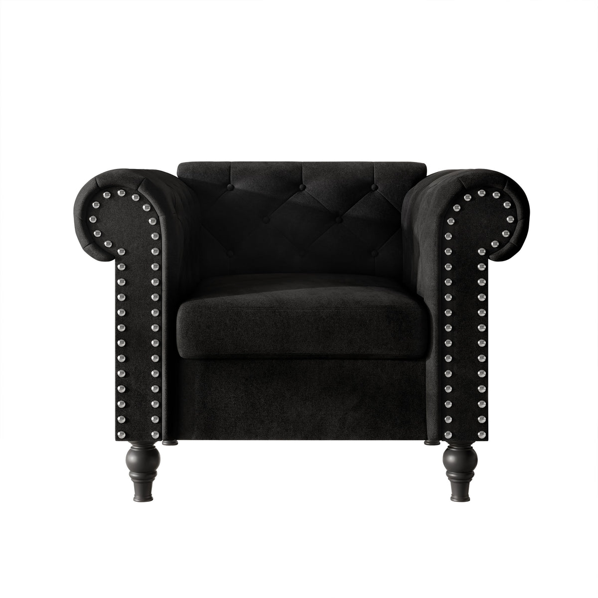 Home Design Kelso 3-Piece Velvet Living Room Set With Rolled Arm Chair, Loveseat and Sofa, Deep Button Tufting and Turned Legs