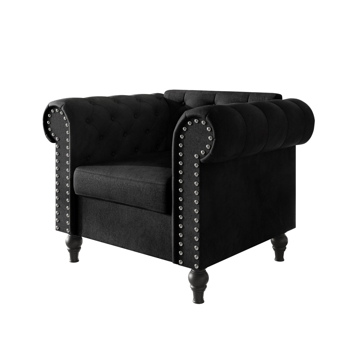 Home Design Kelso 3-Piece Velvet Living Room Set With Rolled Arm Chair, Loveseat and Sofa, Deep Button Tufting and Turned Legs