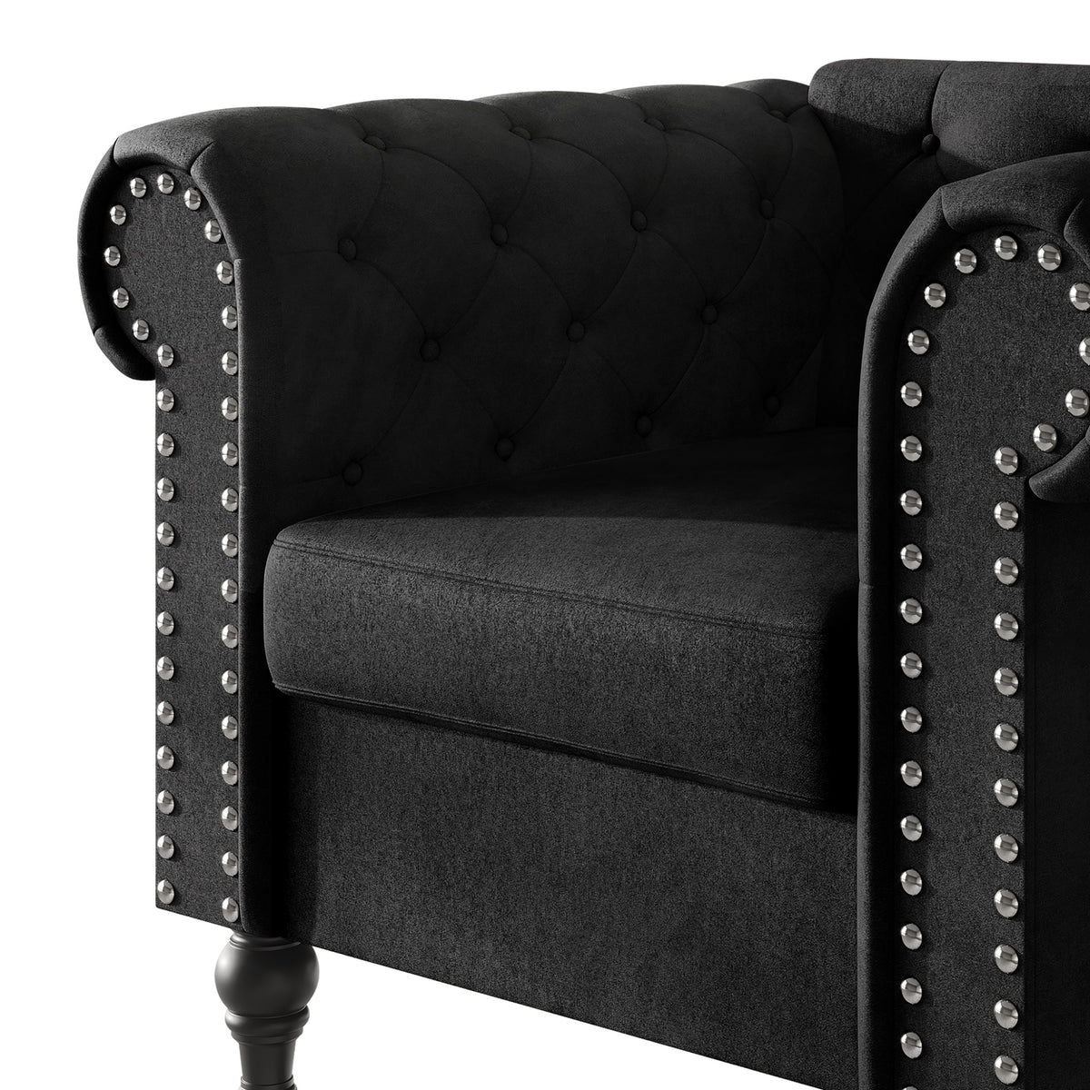 Home Design Kelso Velvet Rolled Arm Chair with Deep Button Tufting, Nailhead Trim and Turned Legs