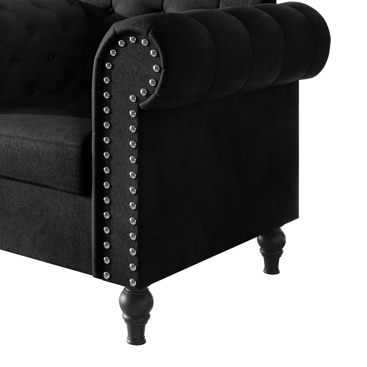 Home Design Kelso Velvet Rolled Arm Chair with Deep Button Tufting, Nailhead Trim and Turned Legs