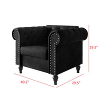 Home Design Kelso Velvet Rolled Arm Chair with Deep Button Tufting, Nailhead Trim and Turned Legs