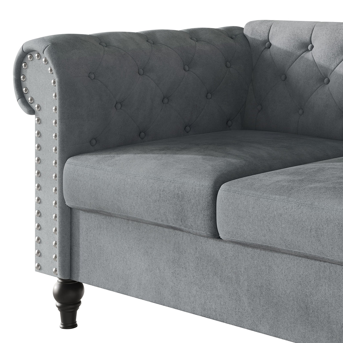 Home Design Kelso Velvet Rolled Arm Loveseat with Deep Button Tufting, Nailhead Trim and Turned Legs