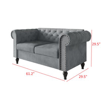 Home Design Kelso Velvet Rolled Arm Loveseat with Deep Button Tufting, Nailhead Trim and Turned Legs
