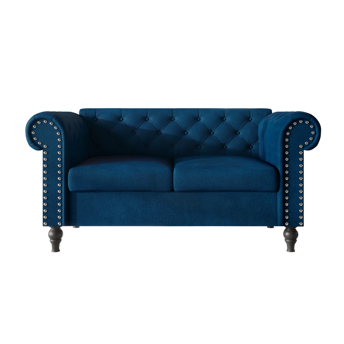 Home Design Kelso Velvet Rolled Arm Loveseat with Deep Button Tufting, Nailhead Trim and Turned Legs