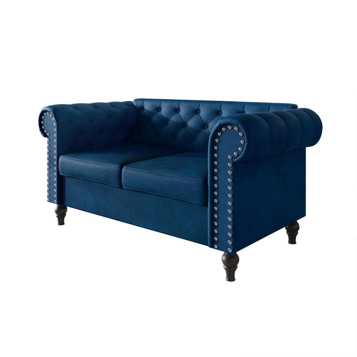 Home Design Kelso Velvet Rolled Arm Loveseat with Deep Button Tufting, Nailhead Trim and Turned Legs