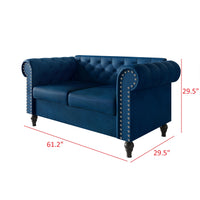 Home Design Kelso 3-Piece Velvet Living Room Set With Rolled Arm Chair, Loveseat and Sofa, Deep Button Tufting and Turned Legs