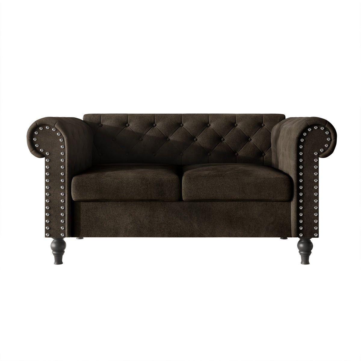Home Design Kelso Velvet Rolled Arm Loveseat with Deep Button Tufting, Nailhead Trim and Turned Legs