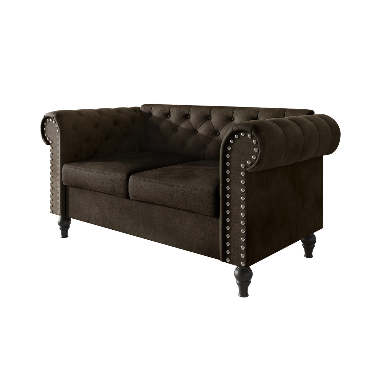 Home Design Kelso Velvet Rolled Arm Loveseat with Deep Button Tufting, Nailhead Trim and Turned Legs