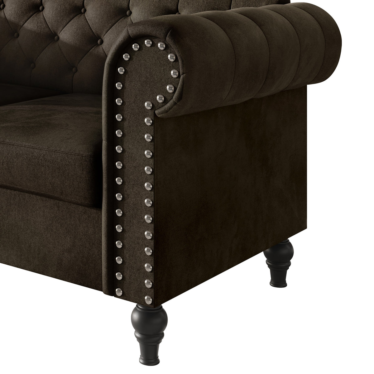 Home Design Kelso Velvet Rolled Arm Loveseat with Deep Button Tufting, Nailhead Trim and Turned Legs