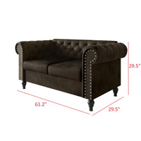 Home Design Kelso 3-Piece Velvet Living Room Set With Rolled Arm Chair, Loveseat and Sofa, Deep Button Tufting and Turned Legs