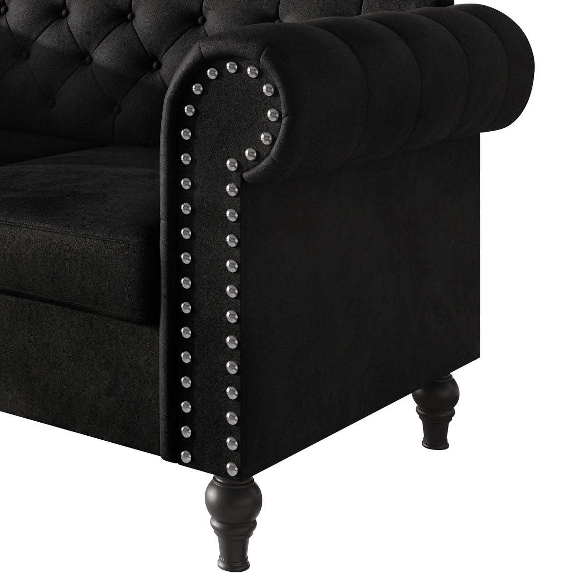 Home Design Kelso Velvet Rolled Arm Loveseat with Deep Button Tufting, Nailhead Trim and Turned Legs
