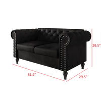 Home Design Kelso Velvet Rolled Arm Loveseat with Deep Button Tufting, Nailhead Trim and Turned Legs