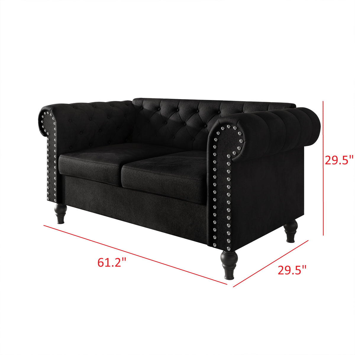 Home Design Kelso 3-Piece Velvet Living Room Set With Rolled Arm Chair, Loveseat and Sofa, Deep Button Tufting and Turned Legs