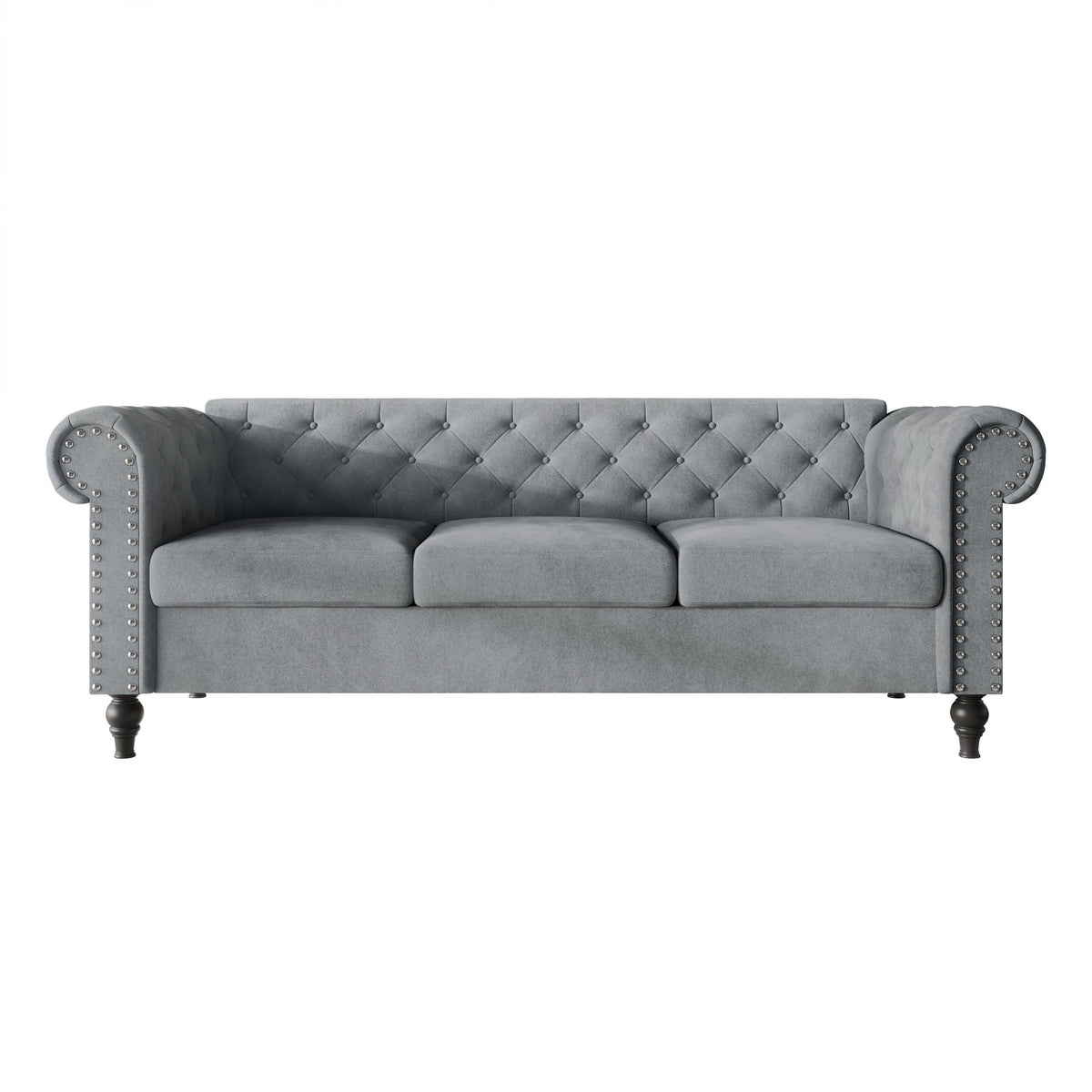 Home Design Kelso 3-Piece Velvet Living Room Set With Rolled Arm Chair, Loveseat and Sofa, Deep Button Tufting and Turned Legs