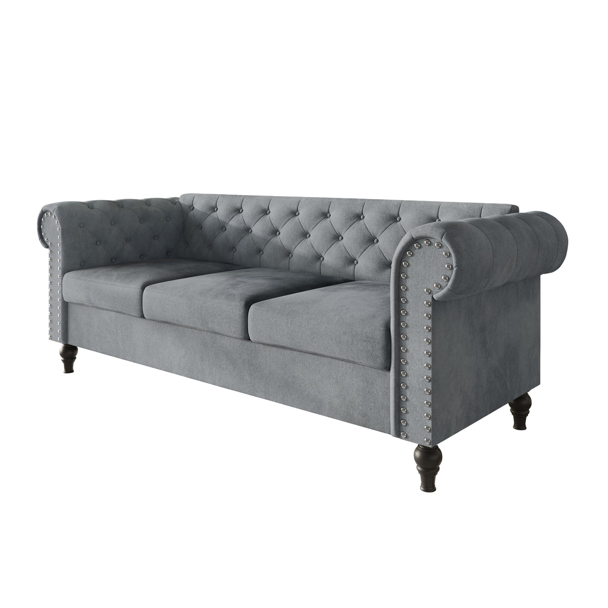Home Design Kelso Velvet Rolled Arm Sofa with Deep Button Tufting, Nailhead Trim and Turned Legs