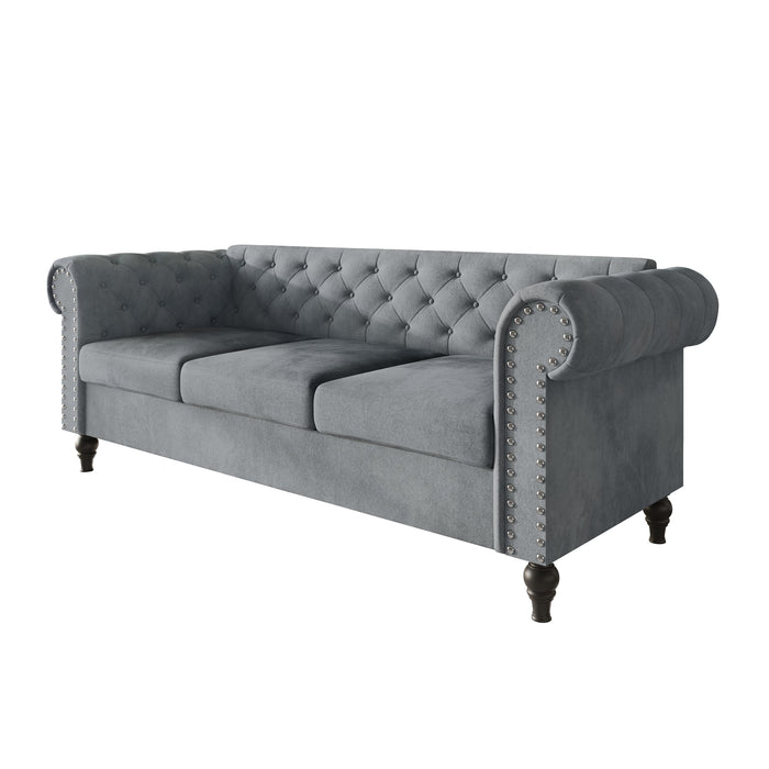 Kelso Velvet Rolled Arm Sofa with Deep Button Tufting, Nailhead Trim and Turned Legs