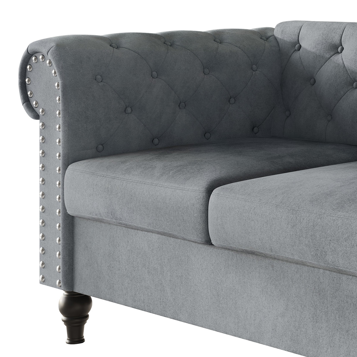 Home Design Kelso Velvet Rolled Arm Sofa with Deep Button Tufting, Nailhead Trim and Turned Legs