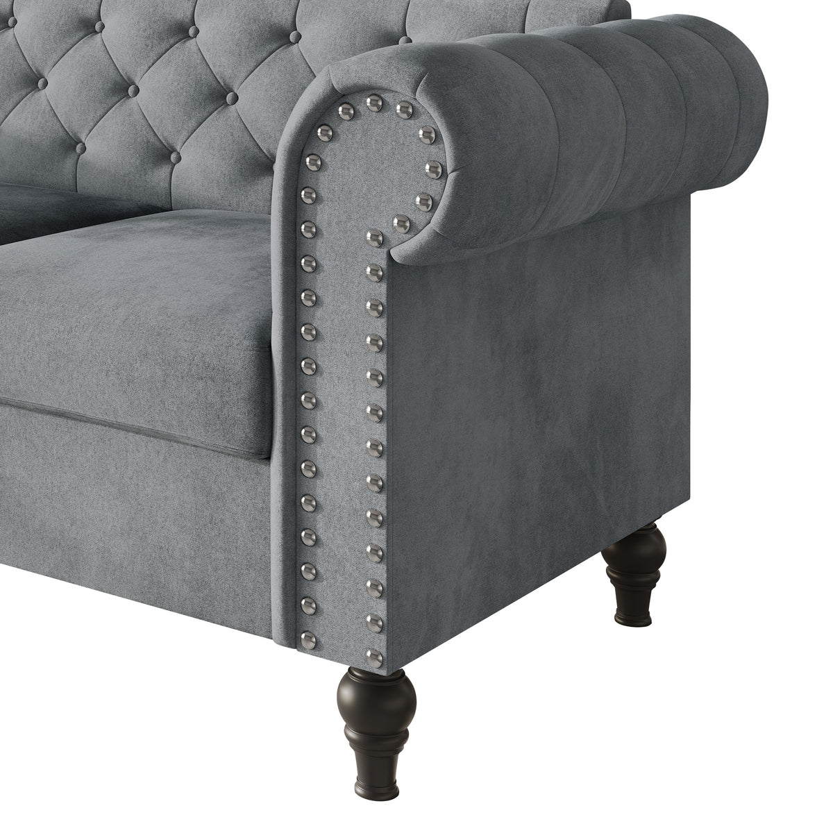 Home Design Kelso Velvet Rolled Arm Sofa with Deep Button Tufting, Nailhead Trim and Turned Legs