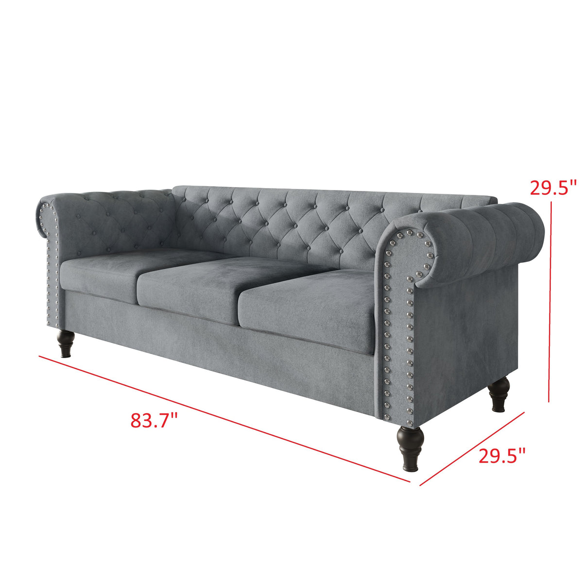 Home Design Kelso Velvet Rolled Arm Sofa with Deep Button Tufting, Nailhead Trim and Turned Legs